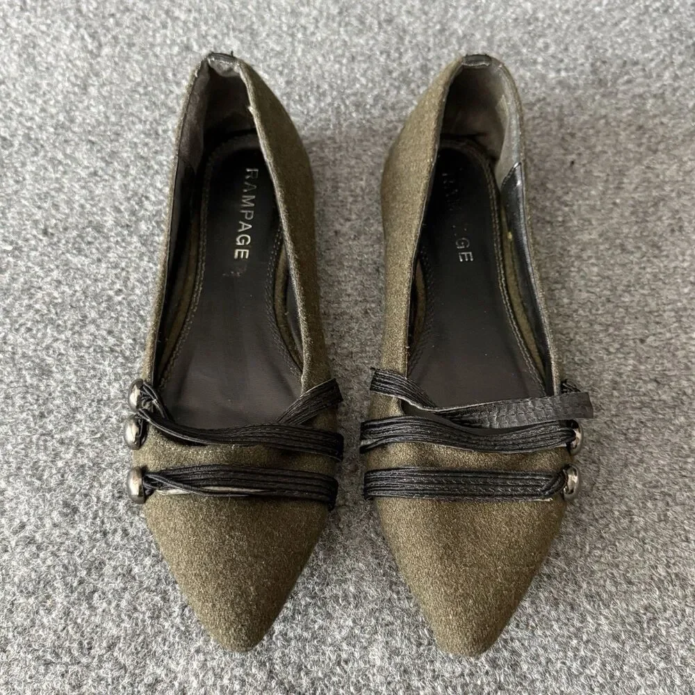Rampage Olive Green Pointed Toe Wool Ballet Flats Strappy Toe Details Size 8 M